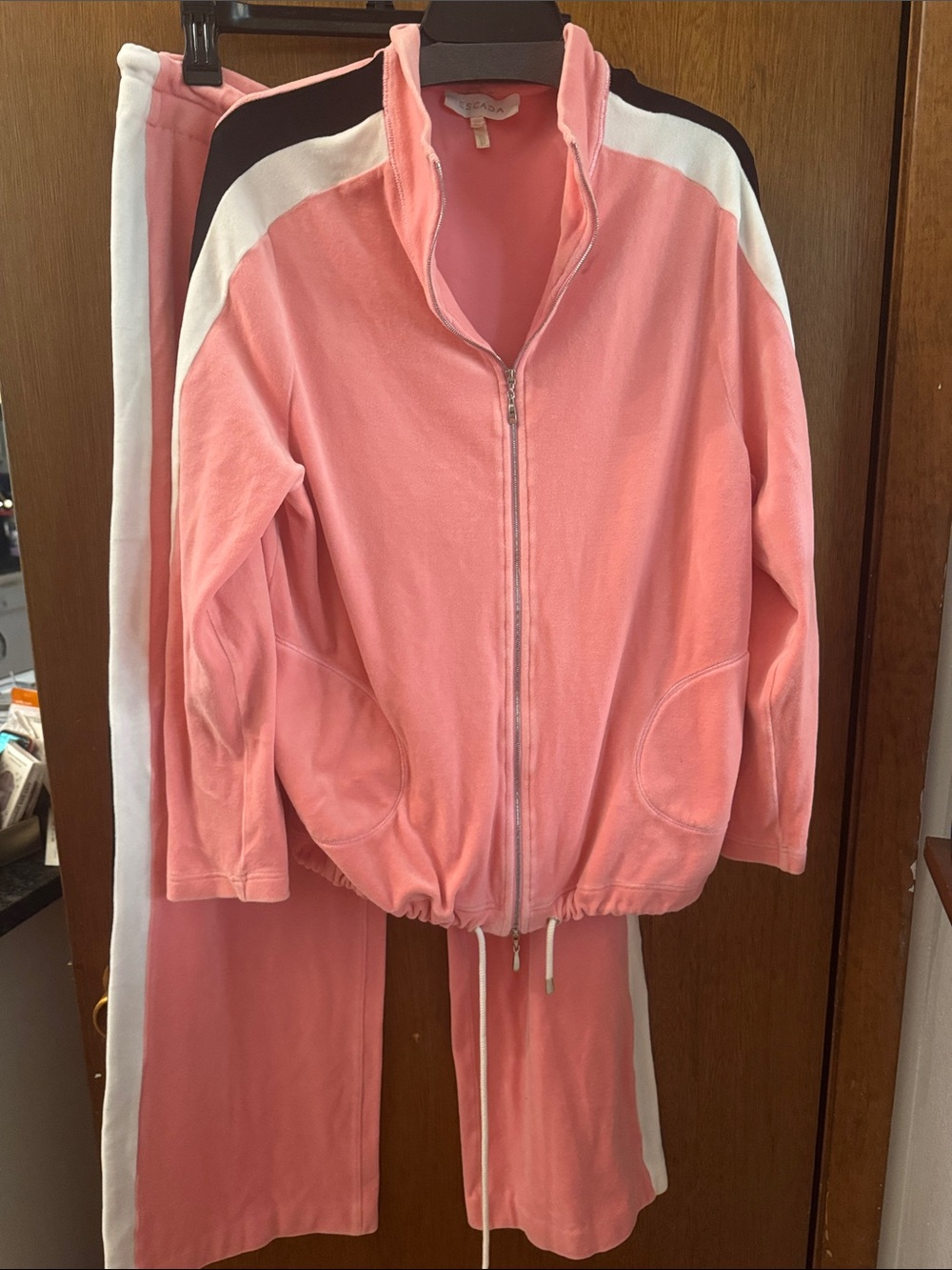 Escada Pink Velour Track Jacket and Pants Set with White & Black Accents